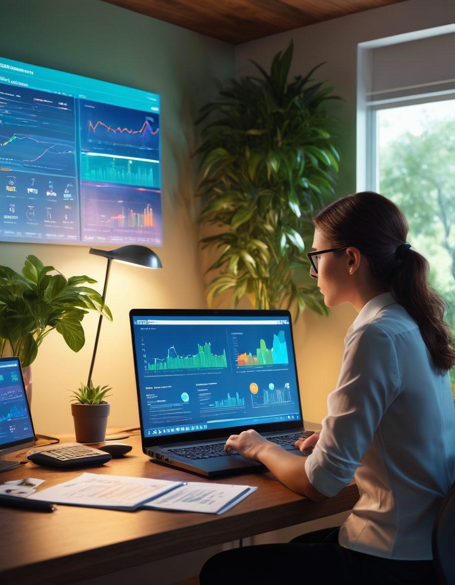 A modern, digital-themed workspace showcasing a person engaging with an online insurance platform on a sleek laptop. Surrounding elements include charts, graphs, and insurance documents illustrating claims management, set in a warm, inviting environment filled with plants. A holographic display features key insurance concepts, symbolizing maximization of potential. super-realistic. vibrant colors. soft lighting.