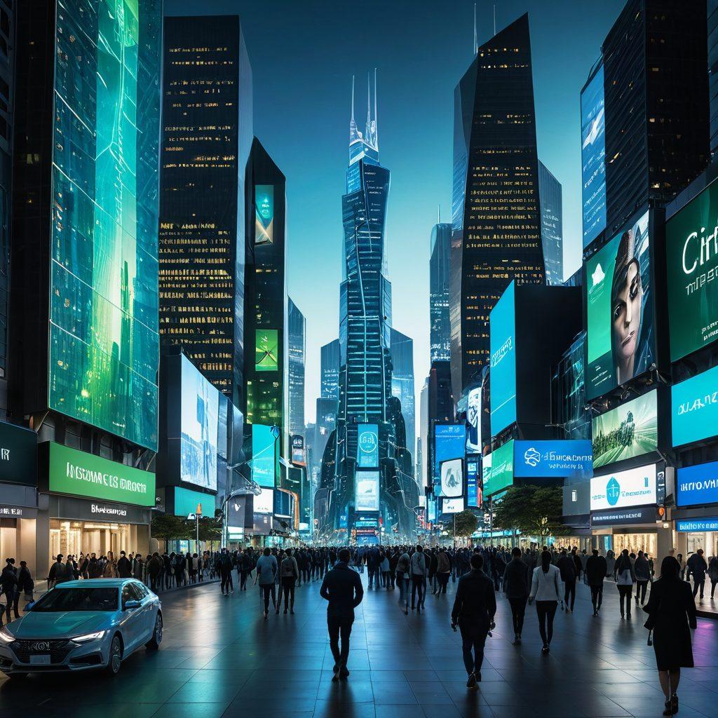 A futuristic city skyline with digital screens showcasing diverse insurance solutions, people interacting with holographic interfaces, symbols of security and protection like shields and locks, vibrant blue and green color palette for a techy feel. super-realistic. vibrant colors. high contrast.