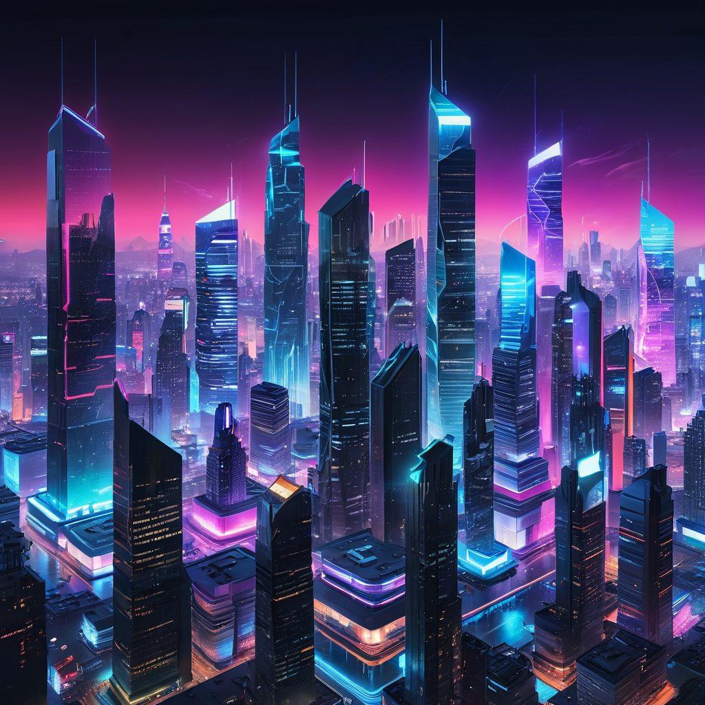 A futuristic city skyline representing the digital insurance landscape, with floating holograms showcasing various insurance policies and coverage options. Include diverse people interacting with digital devices, like tablets and smartphones, to symbolize innovation and accessibility in insurance. Use bright, vibrant colors to evoke a sense of progress and technology. cyberpunk. super-realistic.